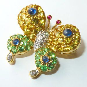 Sapphire Diamond Tsavorite Ruby 18K Yellow Gold Butterfly Brooch/Pendant